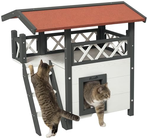 PawHut Maison Lodge pour Chats Sauvage errants - Niche Villa avec terrasse, escalier, Toit pour Chat - 77 x 50 x 73 cm - Blanc et Rouge