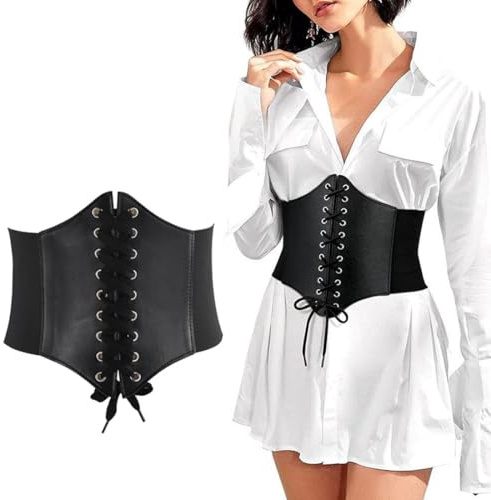 EIHI Ceinture Corset Femme, Corset Medieval Femme, Ceinture Corset pour Femme Cuir Corset à Lacets Ceinture Élastique Ceinture Rétro Cinch, Noir, 1 pièce