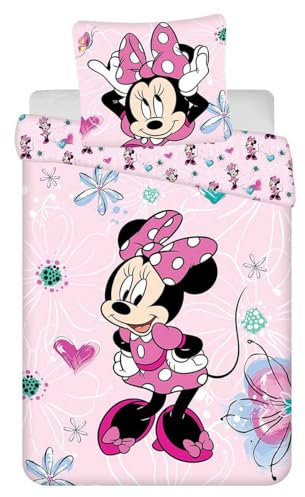 Disney - Juego de cama infantil (160 x 200 cm, funda de almohada de 70 x 80 cm, 100% algodón), diseño de Minnie Mouse con corazones, color rosa