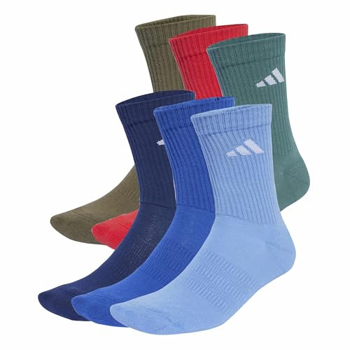adidas Mixte CUSHIONED CREW SOCKS 6 PAIR PACK, Dark Blue/Royal Blue/Olive Strata/Pure Ruby, 4.5-6