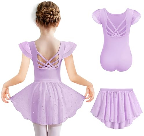 Arshiner Vestidos De Ballet para Niñas Ropa Verano Morada Vestido Baile Manga Corta Traje Algodón para Niños Cuerpo Baile Cuerpo De Ballet con Tutú 4-5 Años
