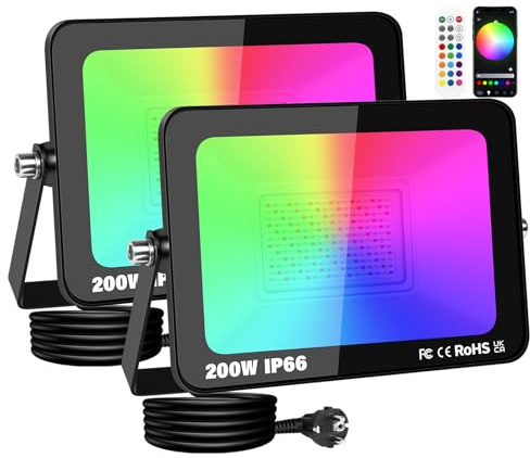 RIGIDON 2 x Foco LED Exterior RGB, 200W 20000LM foco inteligente LED con APP control, Proyector LED Cambio de Color Impermeable IP66 Luz de Inundación con Enchufe para Fiesta, Terraza, Jardin