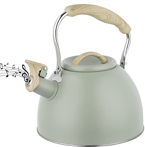 Tea Kettle -3.0 Quart Whistling Tea Kettle for Stove Top Stainless Steel Tea Pot Stovetop Food Grade Water Kettle with Wood Pattern Handle for Coffee/Tea/Milk Kettle Pot-Green