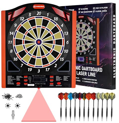 Professional Electronic Dartboard Set with Laser Toe Line, 34 Games & 350 Modes, 1-8 Players, Includes 12 Darts, Suitable for Batteries/Adapters(Orange)
