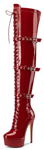 Castamere Femmes au-dessus du Genou Aiguille Talon Heel Plate-forme Bottes Rond Bout Lacets Boucle Fermeture à Glissière 15 CM Heels Rouge Vin 42 EU