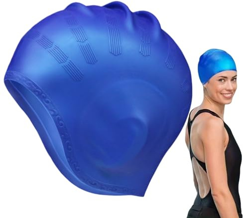 Swim Caps with 3D Ear Protection,Waterproof Silicone Swimming Cap for Women Men - Anti-Slip,Odor-Free,Lightweight Bathing Hat Fits Long&Short Hair,Adult&Youth Sizes,Comfort&Ear Protection(Blue)