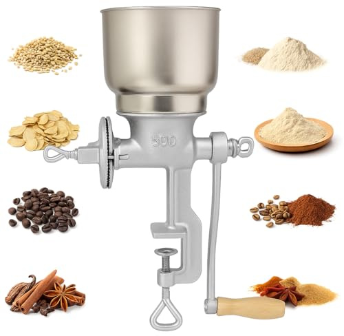 Manual Grain Grinder for Home Use, Heavy Duty Cast Iron Hand Crank Mill with Clamp Base, Adjustable Grinding Coarseness for Corn, Coffee, Wheat, Rice, Pepper, Nuts