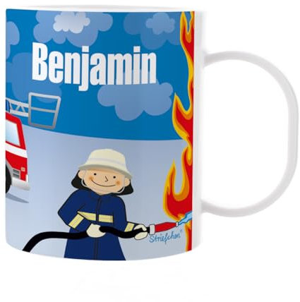 Striefchen® Kunststoff Kindertasse für Jungen mit Wunschname bedruckt - verschiedene Motive Feuerwehrmann