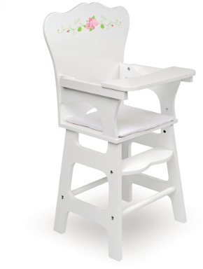 Badger Basket Doll High Chair - White and Rose Wood Design with Padded Seat and Lifting Tray - Fits 14 to 18 Inch Dolls for Pretend Mealtime Play - White/Rose