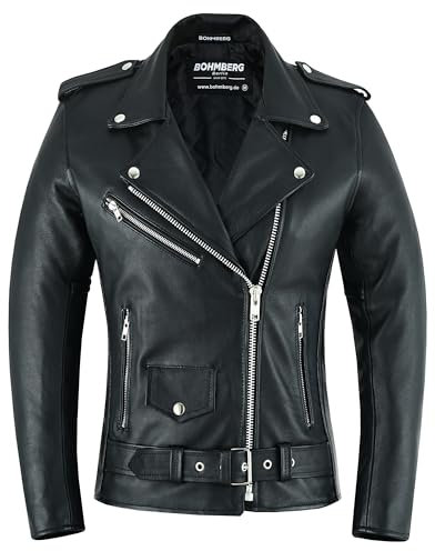 Bohmberg Chaqueta de cuero para mujeres - Cuero genuino - Chaqueta estilo retro motociclista - Chaqueta Highway - Brandostyle - Estilo Rockabilly - Negro - S