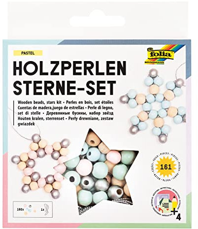 folia 22522 - Holz-Perlen Sterne Set Pastel, Bastelset mit 160 Holzkugeln und einer silbernen Schnur zum Auffädeln, zum Basteln von Sternen und Anhängern