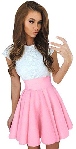 Ni_ka Mini Robe De Cocktail Sexy Robes De SoiréE Chic Et Glamour Jupe Patineuse D'éTé à Manches Courtes en Dentelle Dress Noir Bleu Taille S à XL, Rose, (Ni_kadress44593)
