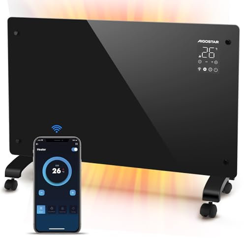 Aigostar Helen Smart - Radiador Electrico Bajo Consumo Silencioso, Convector Eléctrico Panel de Vidrio Ultra Fino. Conexión Wi-Fi, Temporizador de 24 h, 3 modos, Pantalla LED Táctil. Programable.