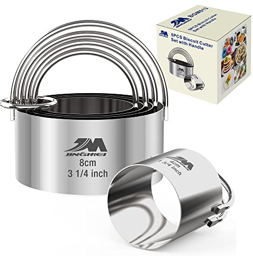 M JINGMEI 5 Pieces Circle Biscuit Cutter,Professional Stainless Steel Round Cookies Mold Tool with Handle for Baking GIFT Package
