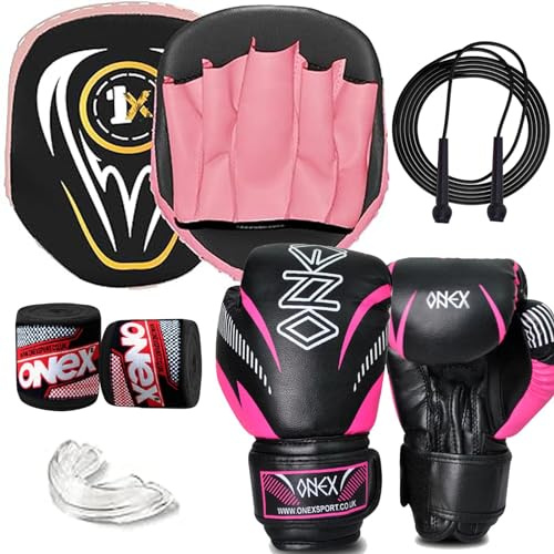 Boxing gloves and pads set Focus Punch Mitts MMA Training Sparring Hook and Jab strike Pads for Boys & Girls target with Punching Gloves (PINK/BLK + 6OZ PINK 2023)