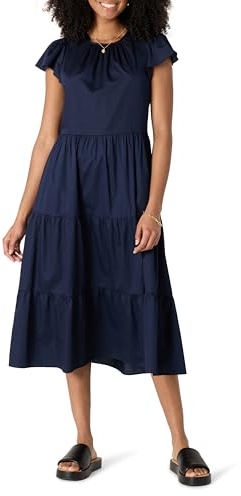 Amazon Essentials Femme Robe Midi à Volants Décontractée à Col Rond en Satin de Coton