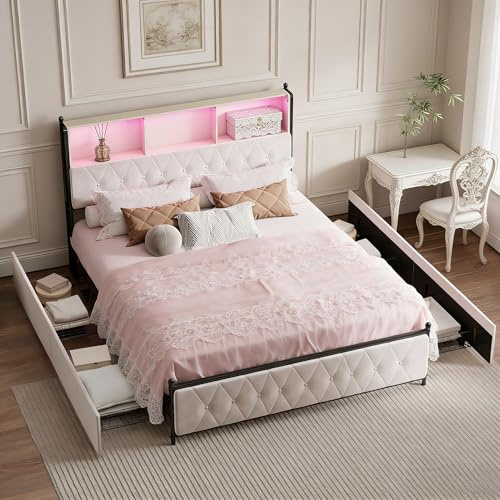 Letto con cassetto, letto matrimoniale, 160 x 200 cm, con spazio di archiviazione, testata del letto con LED, presa USB, cassetti in ferro, letto imbottito in velluto morbido (B Beige, 160 x 200 cm)