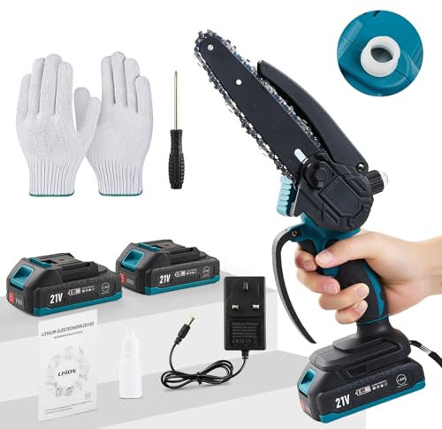 DKIEI Mini Cordless Chainsaw, 6 Inch Electric Chainsaw with 2 Rechargeable Battery & 2 Chains, Handheld Chain Saw Power Tools with Safety Button for Branch Wood Cutting & Garden Tree Trimming