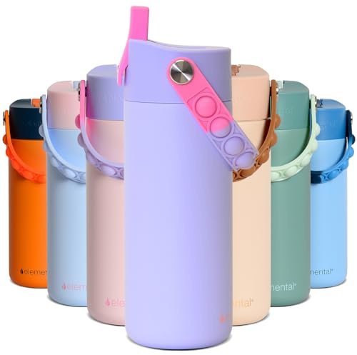 Elemental Insulated Kids Water Bottle, Stainless Steel Water Bottle with Straw Lid & Pop-It Handle, Leak-Proof Water Bottles for School, Boys or Girls, Travelling and Sports, 530ml - Lilac Tie Dye