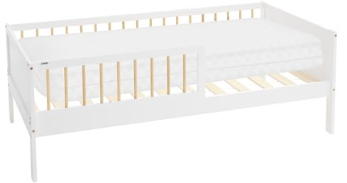 ML-Design barnsäng 80x160 cm vit-natur med madrass, enkelsäng för barn med resårbotten & fallskydd, ungdomssäng av furu, sängram av trä för pojkar/flickor, barnsäng av massivt trä