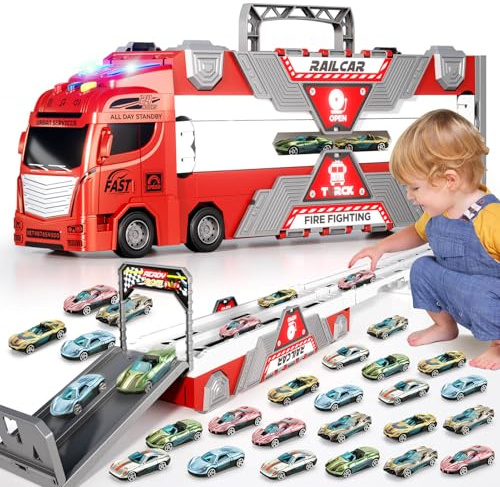 Jiakora Fire Truck Toys Car with Lights Sounds, Transport Truck with 65 Inch Race Car Tracks & 20 Mini Car, Large Fire Engines for Toddler 3+ Years Old, Cars Toy Christmas Birthday Gift for Boys Kids