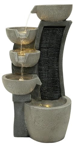 Fontaine de Jardin Cascade Électrique Extérieure Polyresine Gris Lumière LED Blanc Chaud Pompe à Brancher Câble de 7 m Statue Droit Décor Maison Terrasse Sleek Streams [Brosse de Nettoyage INCLUS]
