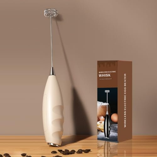 Montalatte elettrico senza fili, bacchetta montalatte portatile, in acciaio inox, per caffè, latte, cappuccino, uova (beige)