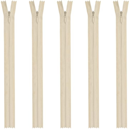 DOITEM 5pcs 40cm/16 Inch Invisible Multicolor Nylon Coil Zippers for Sewing and Crafts, Beige