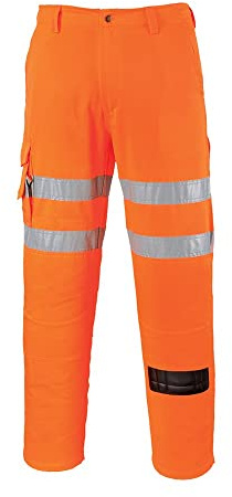 Portwest RT46 Hi Vis Rail Work Trousers Poly Cotton Water Resistant Texpel Multi Pocket Knee Pad Compatible Reflective Safety Pants Orange EN ISO 20471 RIS 3279-TOM, Regular, Large