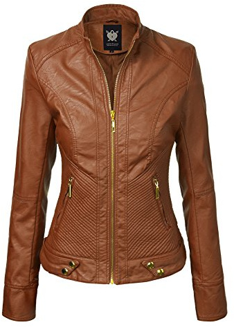 Lock and Love LL WJC747 Womens Dressy Vegan Leather Biker Jacket L Camel