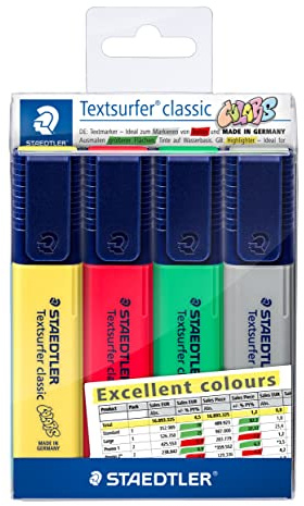 Staedtler Textsurfer Classic, Surligneurs de haute qualité aux couleurs d'Excel, Pointe biseau de 1 à 4 mm, Étui plastique avec 4 surligneurs assortis, 364 CWP4-X