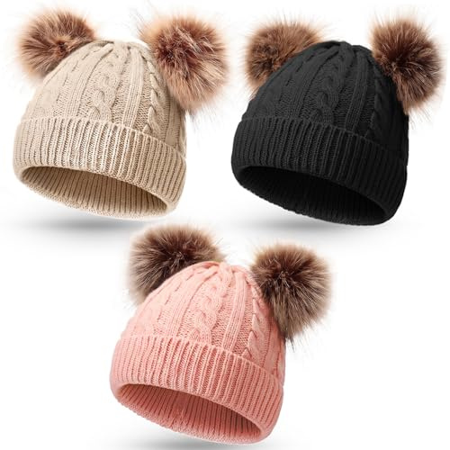 Geyoga Kids Toddler Winter Pompom Hat Baby Knitted Beanie Hat Faux Fur Pom Beanie Cap for Girls Boys 1-3 Years Old(Black, Pink, Khaki,M)