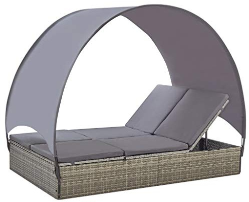 Makastle Outdoor Double Sun Lounger with Canopy, Poly Rattan Day Bed, Weather-Resistant Sun Bed Furniture for Garden Patio Swimming Pool 76.4 x 47.4 x 61.4