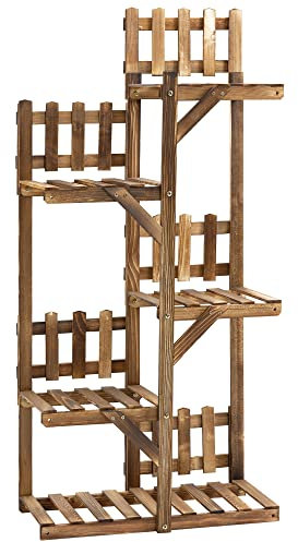 Outsunny Étagère à Fleurs en Bois Supports de Pots Porte Plante Bois 5 tablettes Ornement Petites barrières 60 x 30x 130cm Bois de Sapin traité carbonisation pour Intérieur Jardin Terrasse Balcon