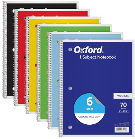 Oxford Spiral Notebooks, 6 Pack, 1 Subject, Wide Ruled Notebooks for School, 8 x 10.5 Inches, 70 Sheets, Assorted Colors, Back to School Supplies (65010)