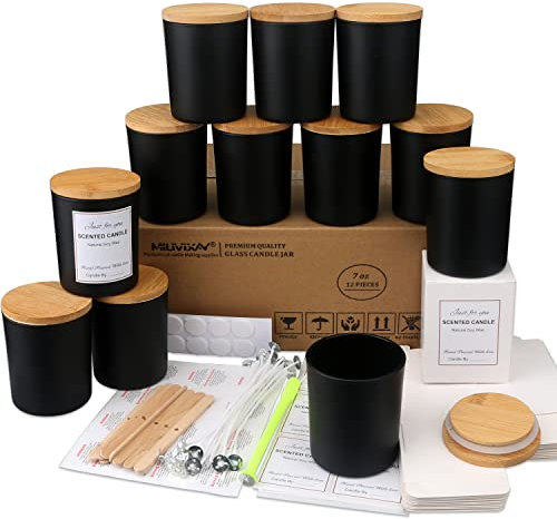 MILIVIXAY Kerzengläser mit Deckel und Kerzenherstellungssets, 200 ml, schwarz, matt, 12 Stück