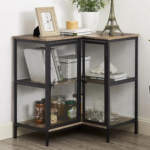 VECELO 3 Tier Corner Cabinet with Doors and Storage Shelves, Industrial TV Stand Multipurpose Free-Standing Table, for Small Space Living Room Home Office Kitchen, Oak Grey