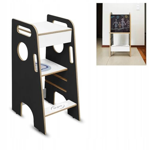 Skyline Steh und Lernturm Baby ab 1 Jahr Montessori Learning Tower Höhenverstellbar Tritthocker Kinder Indoor Möbel Kinderzimmer Trittschemel Kitchen Helper Hochstuhl mit Tafel Board (Schwarz/Weiß)