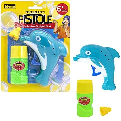 Idena 40229 - Seifenblasenpistole, inkl. 58 ml Seifenblasenflüssigkeit, für Kinder ab 6 Jahren, im Delfin Design, Blau, Grün, Gelb