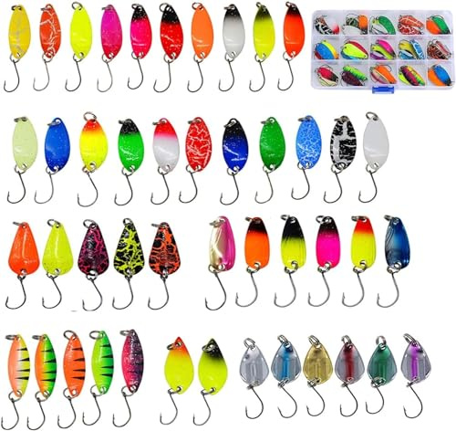Yeelan Ensemble de leurres à Truite, 45 pièces, cuillères tournantes et Clignotantes 2 g/2,5 g/3 g/3,2 g/3,5 g/5 g, avec boîte de Rangement, leurres préférés pour brochet, Sandre et Perche
