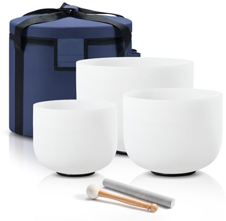 CVNC 440HZ Crystal Singing Bowl Set of 3, Frosted Quartz Sound Bowls