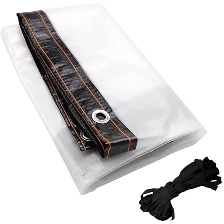 Neegaurd Telone trasparente con occhielli, 1,5 x 2,5 m, impermeabile, trasparente, in polietilene, resistente alle intemperie, per terrazza, balcone, gazebo, mobili da giardino, corda inclusa