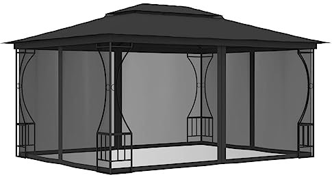 Homgoday Gazebo con zanzariera, 300 x 400 x 265 cm, colore: Antracite, Tenda di ricezione, gazebo da giardino con tende staccabili, Padiglione da esterno, gazebo per campeggio, barbecue