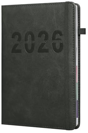 Agenda Anual 2026 A5 Diaria Agenda Semana,Planificador de Escuela y Oficina,12 Meses,Cubierta de PU con cinta de marcador(Negro 1)