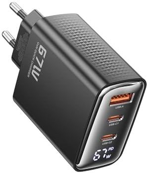 Toocki - Caricabatterie GaN 67W per prese da parete europee, 2x USB-C, 1x USB-A, display digitale watt, compatibile con PD 3.0, QC4+, PPS, per iPhone, MacBook, iPad, Samsung Galaxy, Xiaomi, Nintendo S