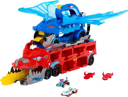 Hot Wheels City Toy Car Track Set, Ultimate Dual Dragon Transporter & 2 Die-Cast Cars, Large-Scale Dragon & Detachable Dragon, Stores 20+ Vehicles, JKJ79