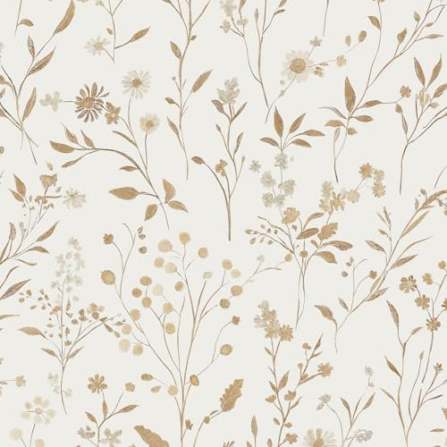 LiKiLiKi Papier peint autocollant en vinyle beige à motif floral 44 x 300 cm - Papier peint autocollant en plastique imperméable et amovible pour chambre à coucher, salon, armoire, table