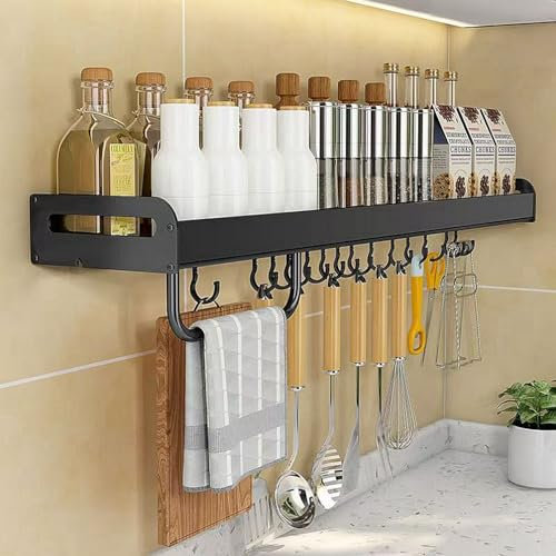 Étagère de rangement murale en acier carbone pour ustensiles de cuisine, assaisonnement, épices, huile, sel, sauce et vinaigre, condiments, organiseur de salle de bain avec barre porte-serviette et