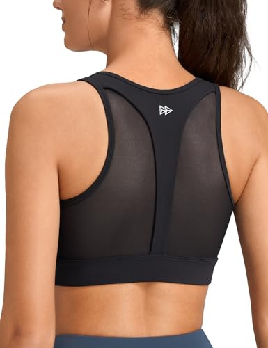 Yvette Soutien Gorge de Sport Femme Zipper Haut Maintien Grande Taille Dos Nageur sans Armature Coques Intégrées Idéale pour Gym Fitness Noir M