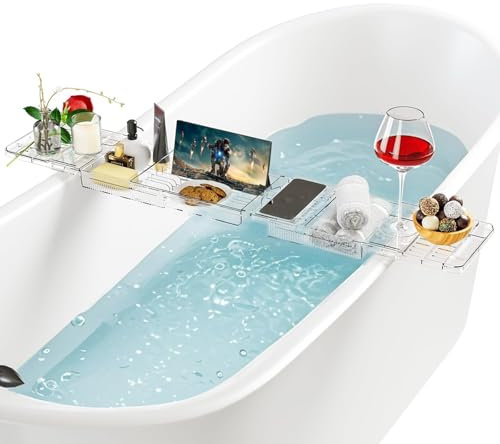 UVVRUR Plateau de baignoire réglable en plastique transparent avec évacuation de l'eau pour tablette et livres